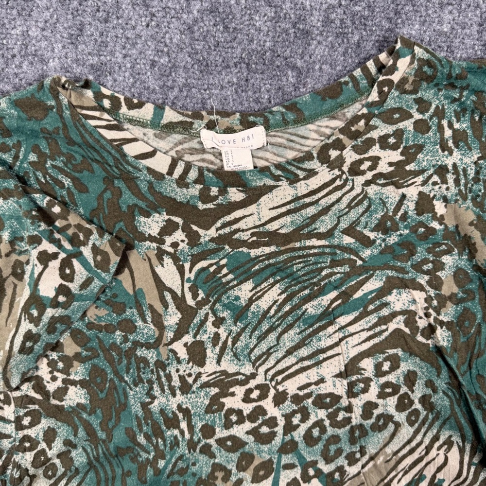 I Love H81 Shirt Small Animal Print Short Sleeve Top Green Brown‎ Women's